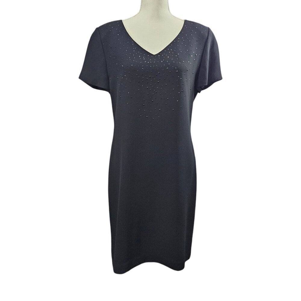 Jones New York Embellished Vintage Short Sleeve Black Shift Cocktail Dress